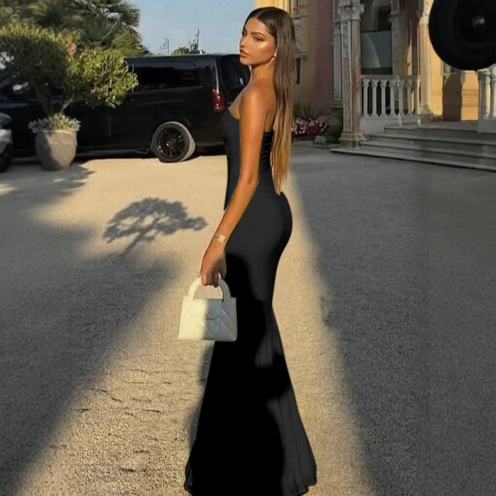 Women's Sleeveless Tube Top Dress Stretchy Mesh Bodycon Maxi Skirt Elegant Party Wear