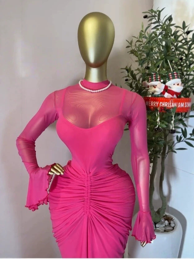 Womens Mesh Pleated Long Dress
