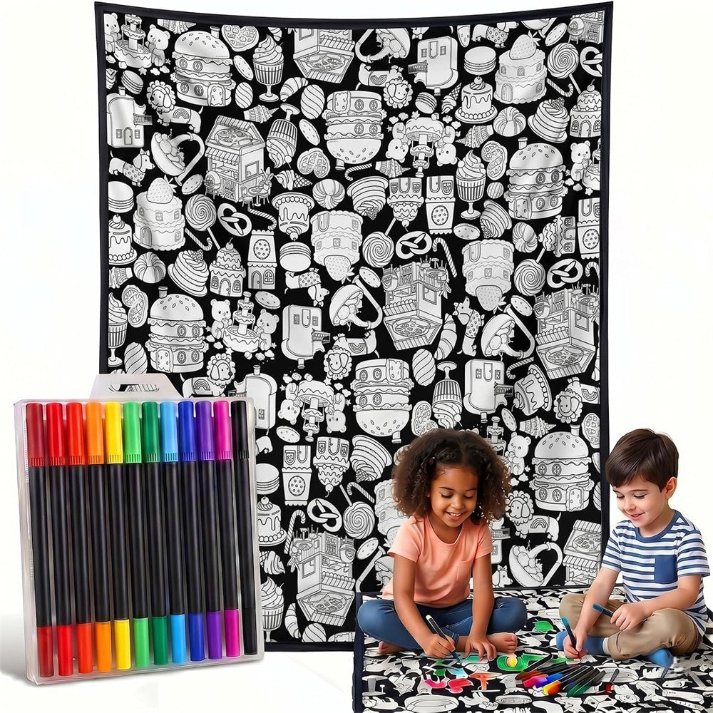 Black and white line-drawn graffiti rug