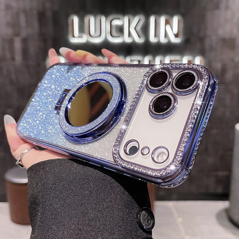 Glitter Magnetic Stand Mirror Phone Case for iPhone 11 12 13 14 15 16 17 18 Pro Max Plus