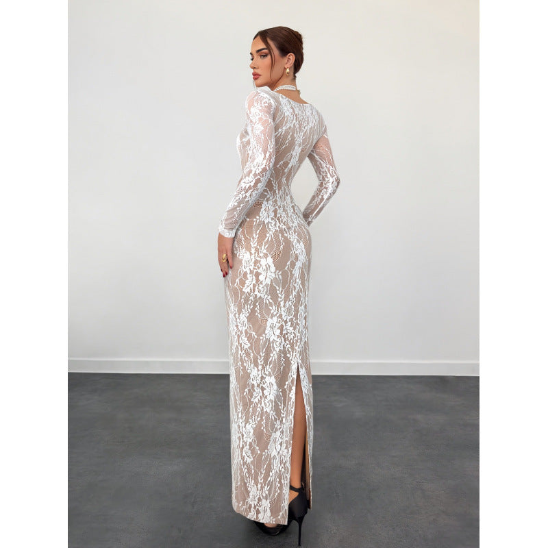 Women's Lace Square Neck Long Sleeve Dress