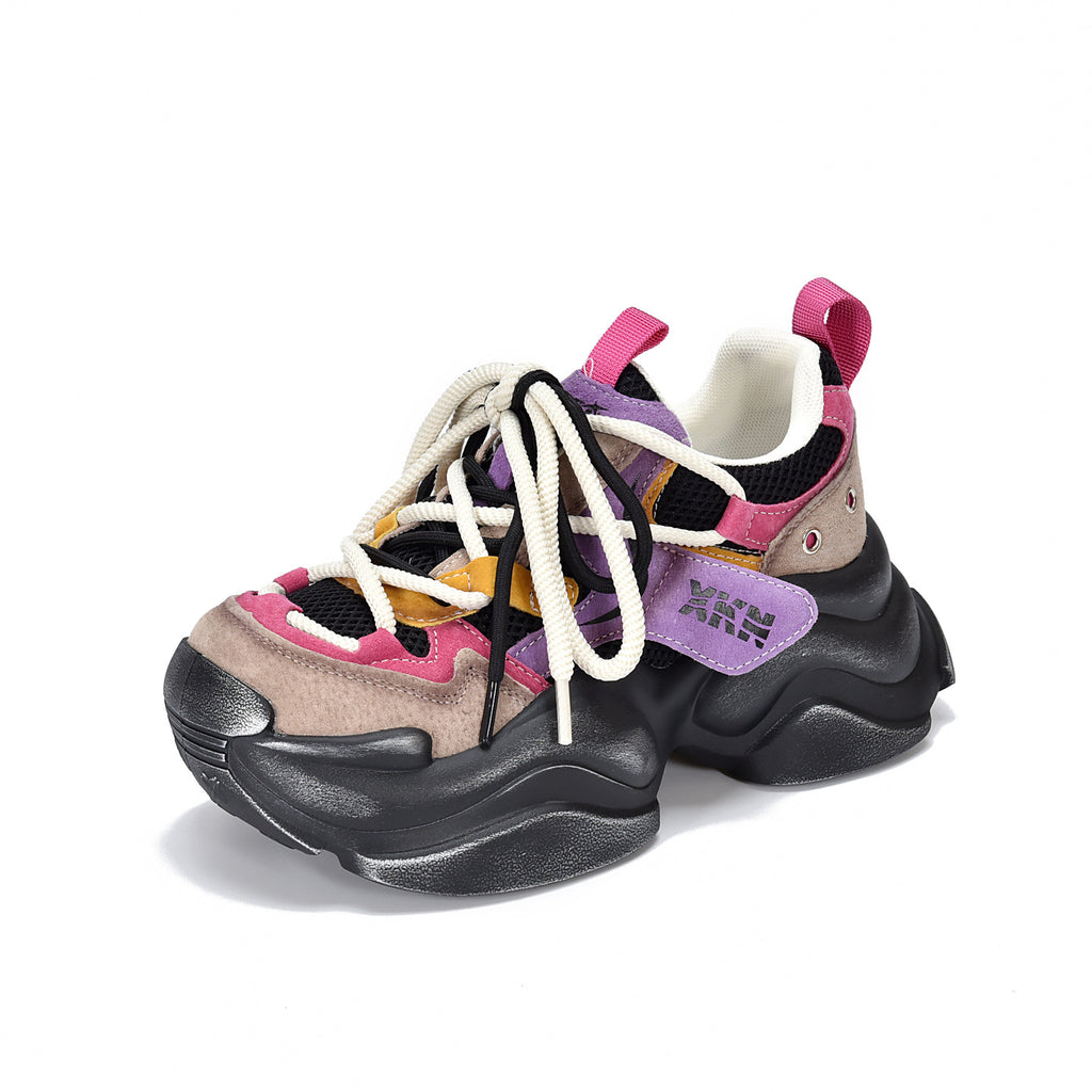 Compact, lightweight, thick-soled dad sneakers for women?mesh upper with genuine leather accents, color-blocked lacing, casual style