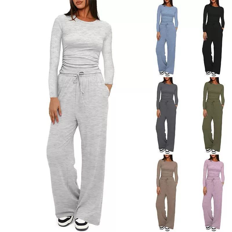 Solid Color Long Sleeve Top and High Waisted Wide Leg Pants Sportswear Set