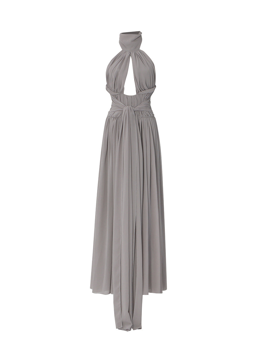 Women's Grey Halter Neck Hollow Out Backless Chiffon Evening Dress Long Gown