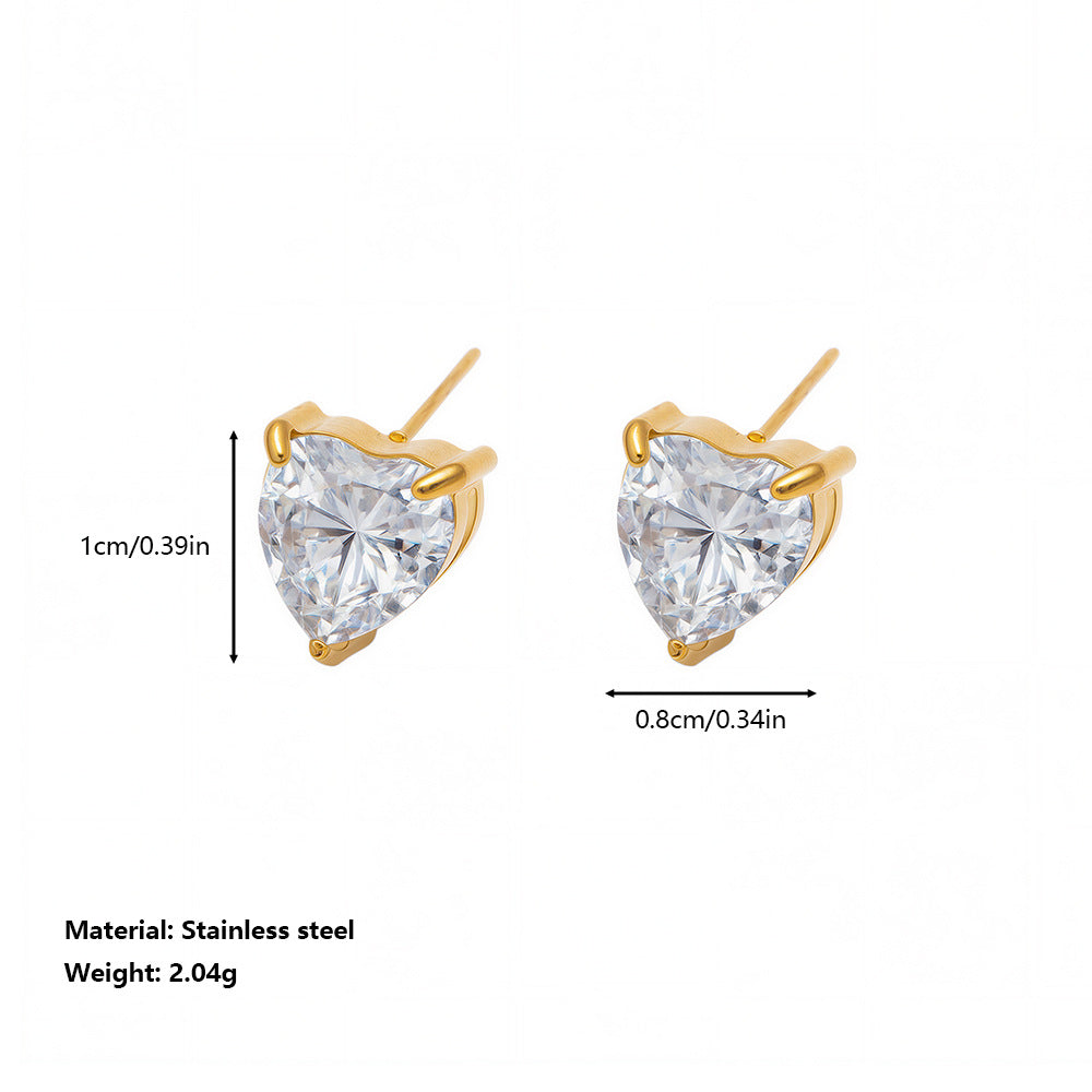 Stainless Steel Simple Geometric Heart-Shaped Square Zircon Earrings