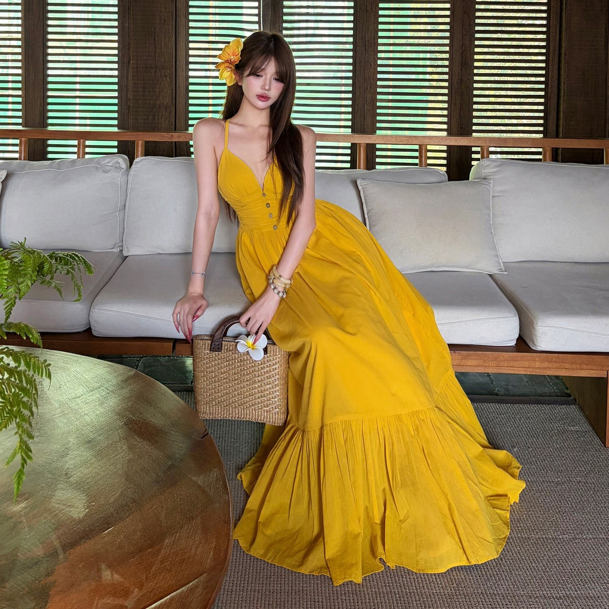 Womens V-Neck Flared Hem Dress