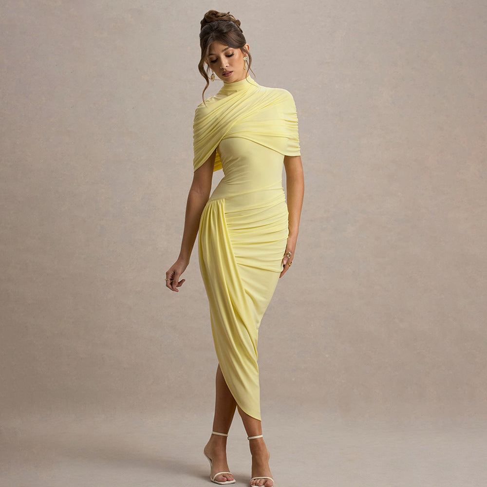 Pleated Backless Dress with Shawl