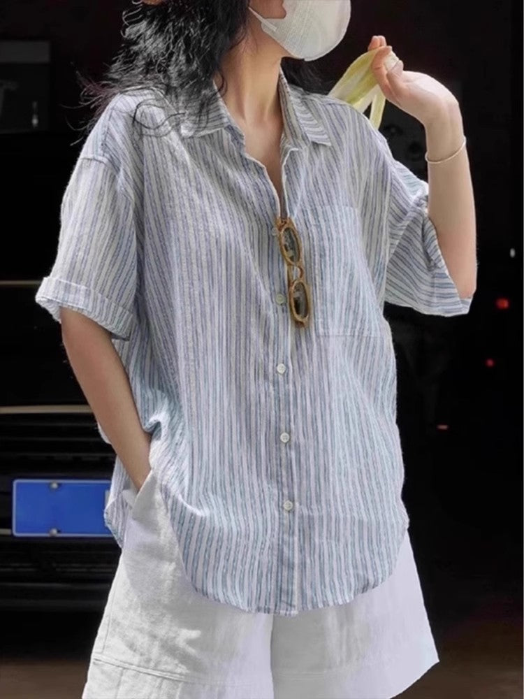 Blue White Striped Cotton Linen Short Sleeve Shirt
