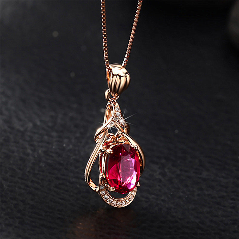 Rose Gold Plated Red Tourmaline Water Drop Gemstone Pendant Necklace with Chain
