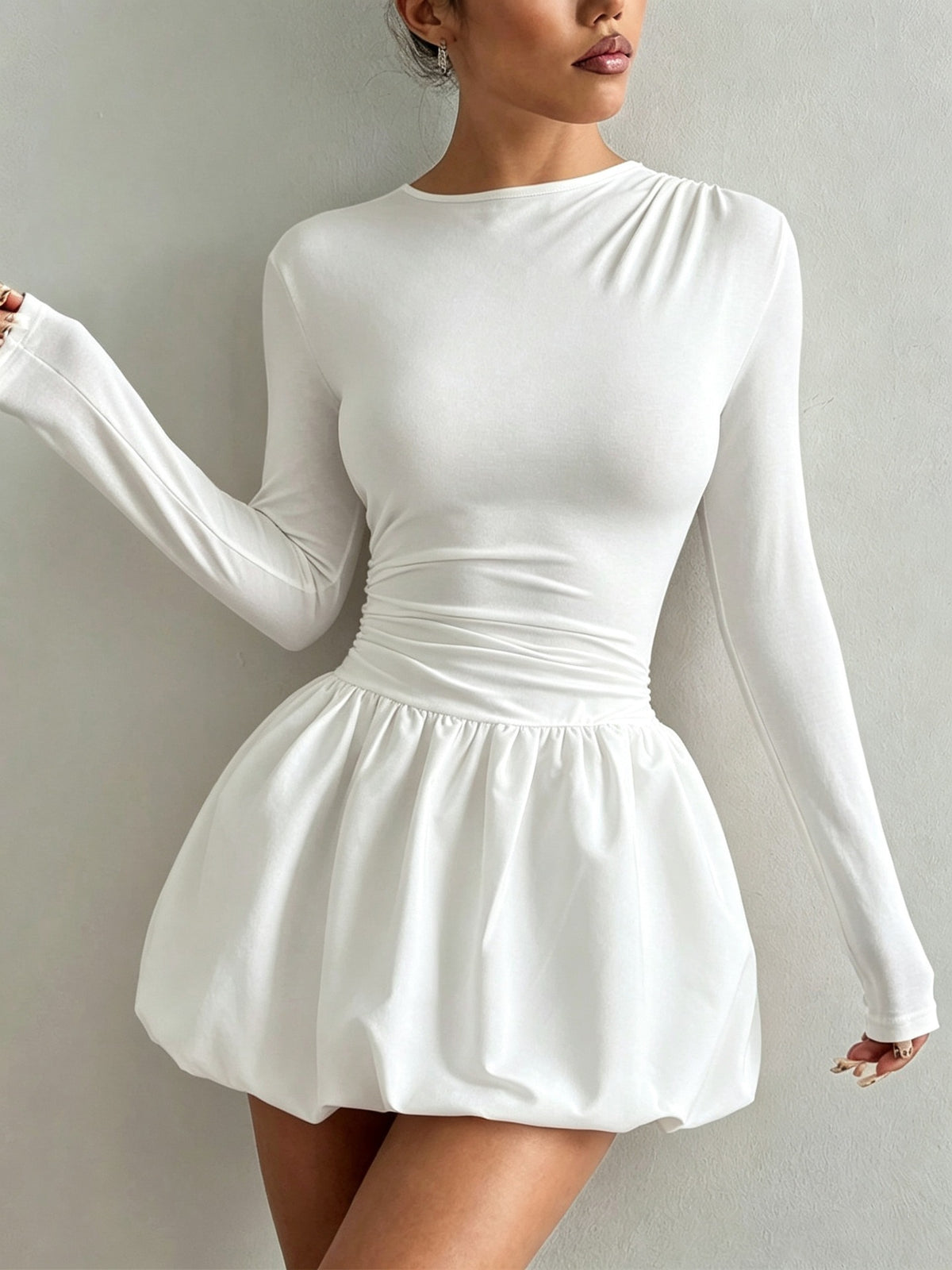 Womens Slim-Fit Long Sleeve Dress with Elastic Puff Skirt