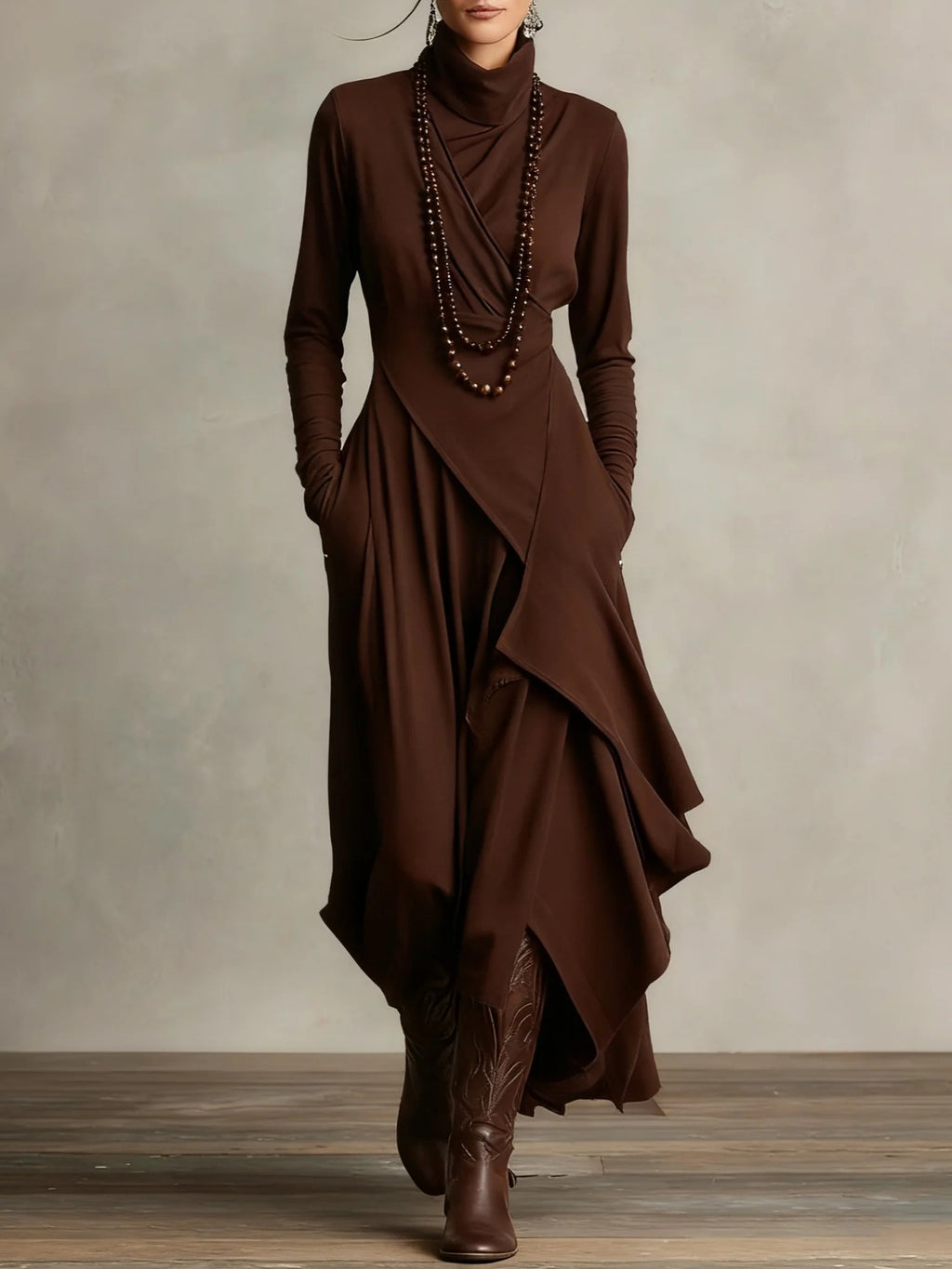 Women's Solid Color Long Sleeve A-Line Knitted Maxi Dress with Half Turtleneck