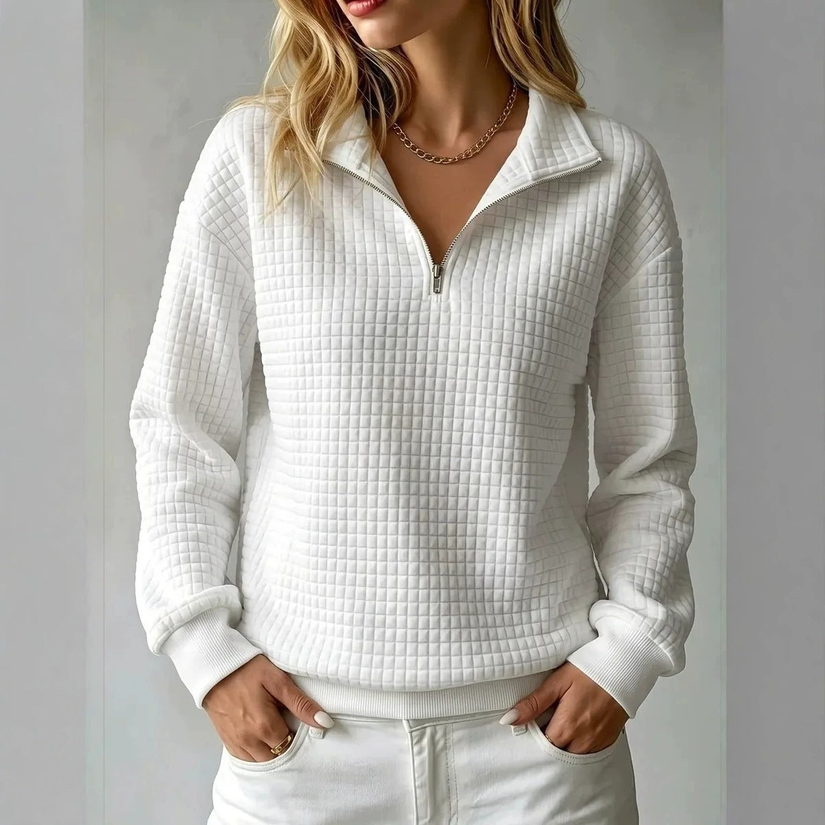 Women's Stand Collar Zip Long Sleeve Waffle Knit Patchwork Sweatshirt