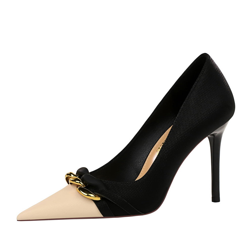 Fashion Colorblock Pointed Toe Stiletto Heel Women's Pumps with Metal Chain Detail
