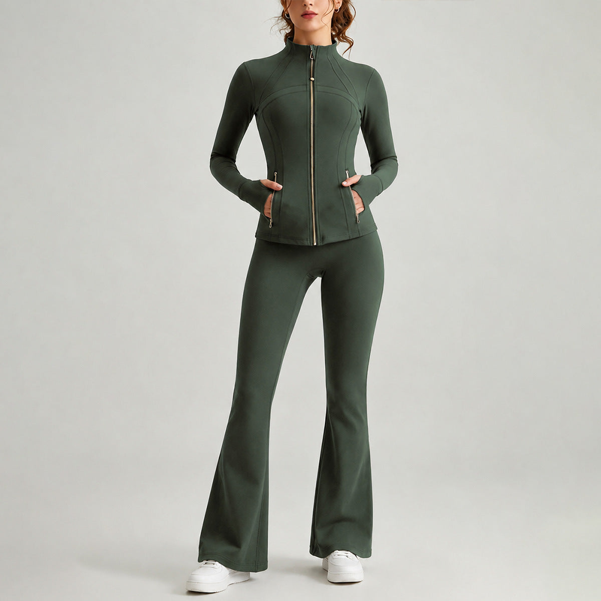 Double-Sided Brushed Yoga Set for Women Stand-Collar Slim-Fit Jacket High-Waist Flared Pants