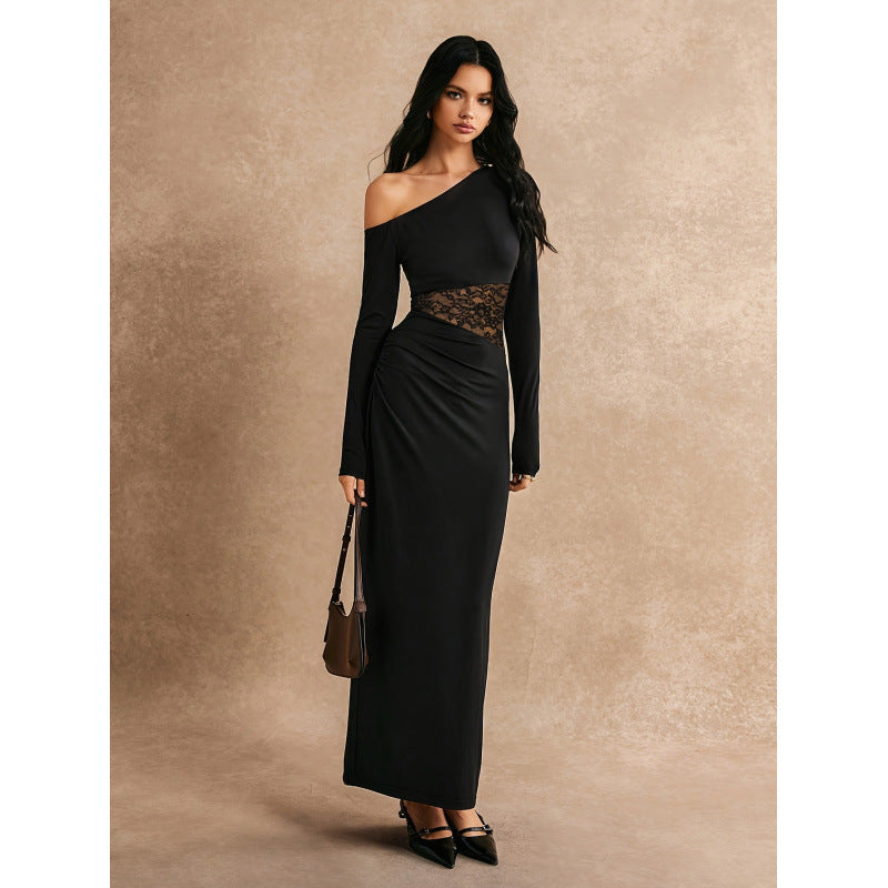Women's Solid Color One-Shoulder Long-Sleeve Lace Patchwork Elegant Long Dress