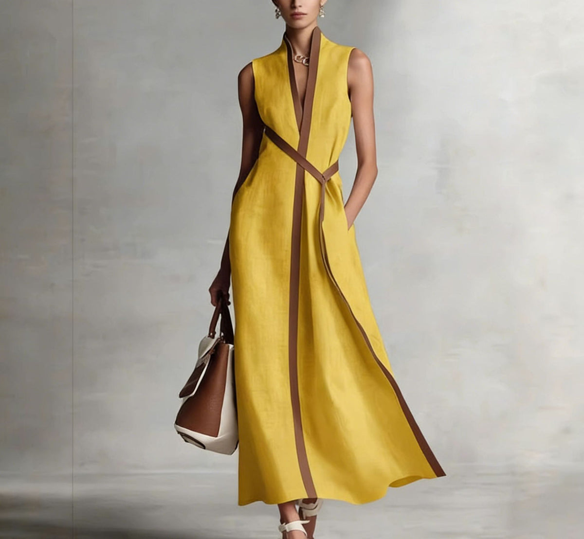 Stand Collar Sleeveless Color Block Loose Dress