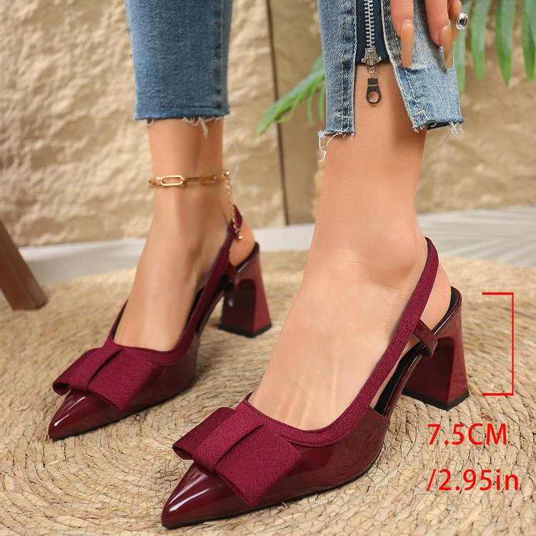 Women Pointed Toe Chunky Heel Bowknot Back Strap Closed Toe Summer Sandals
