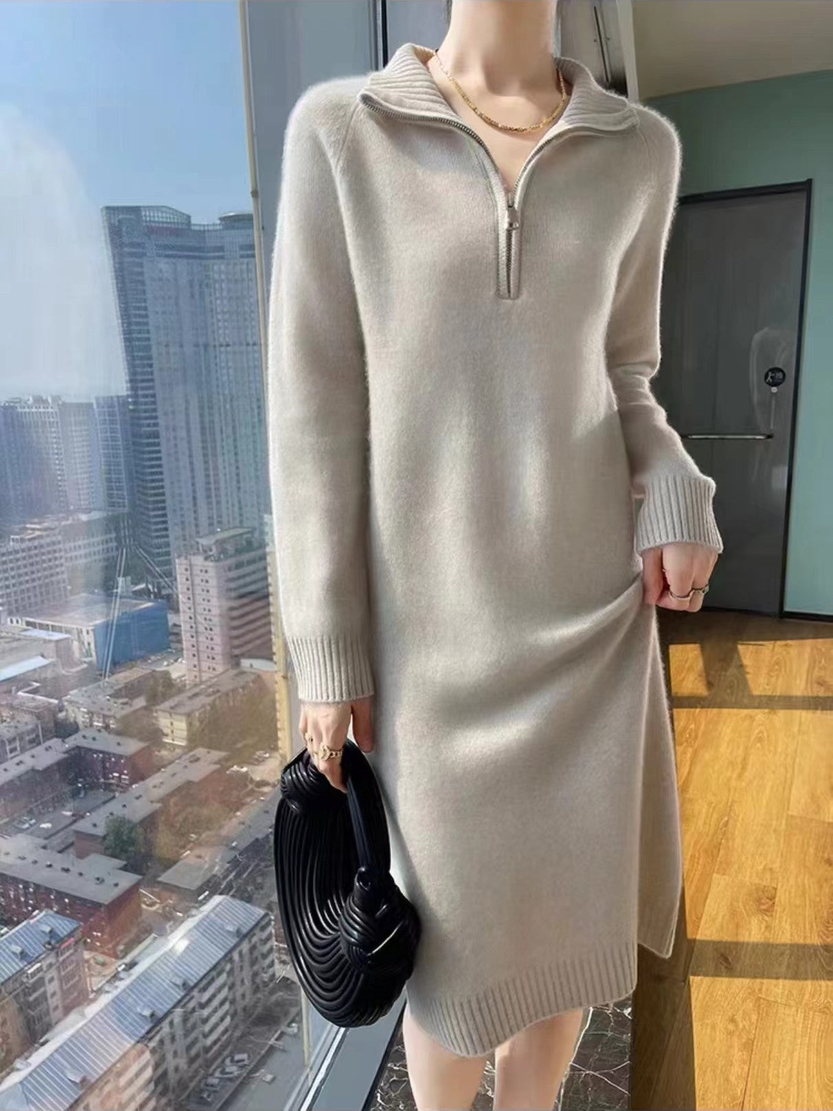 Mid-Length Knitted Dress with Stand Collar