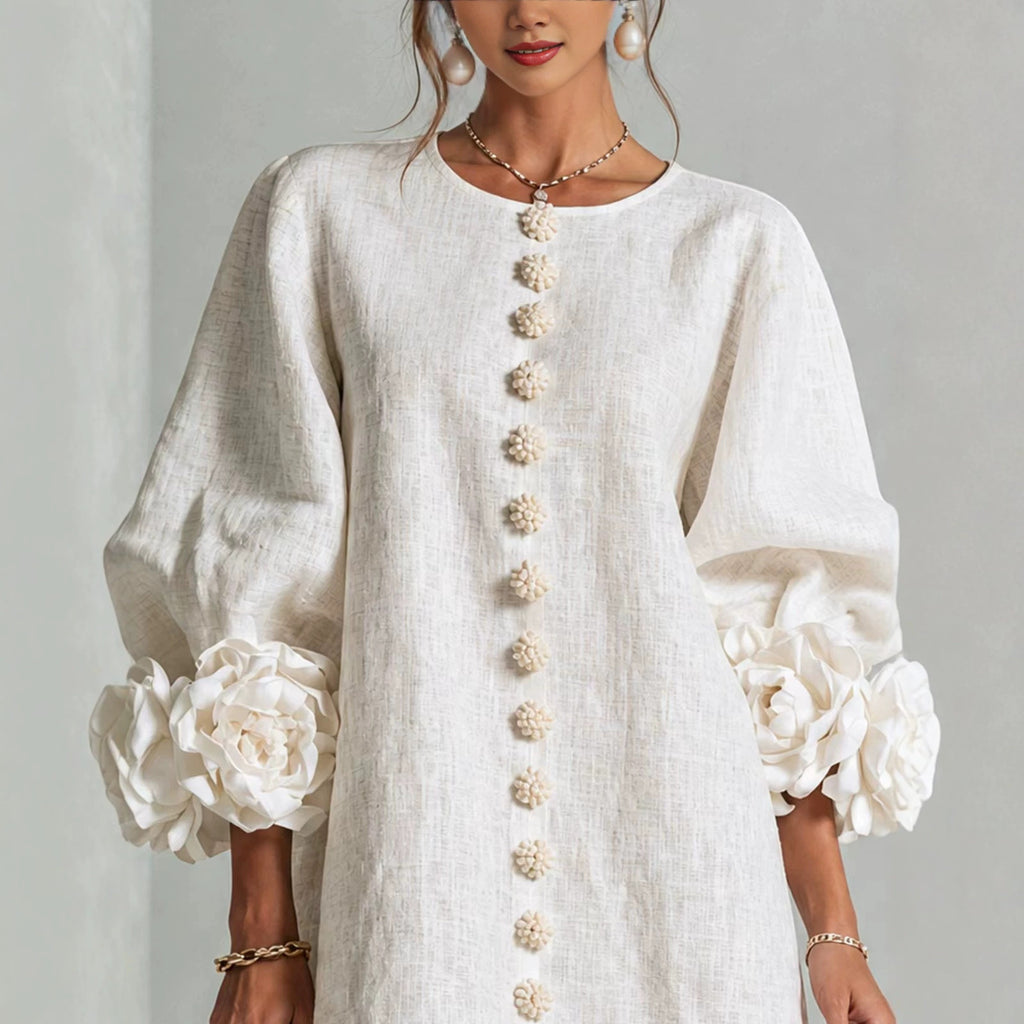 French Floral Cotton Linen A-Line Dress