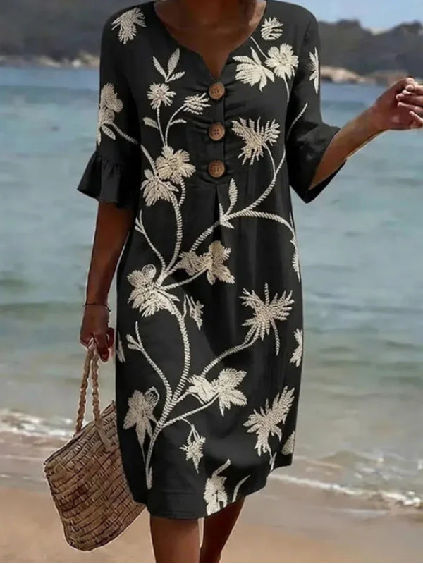 Women's V-Neck Printed Ruffle Mid-Sleeve Summer Dress