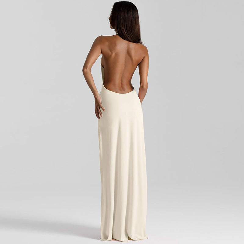 Womens Deep V Halter Backless Slit Dress