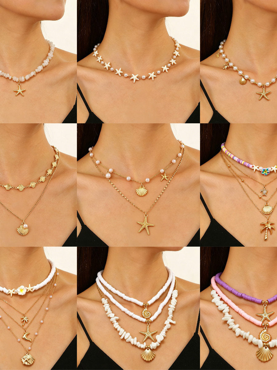 Layered Shell Pearl Starfish Pendant Bohemian Necklace