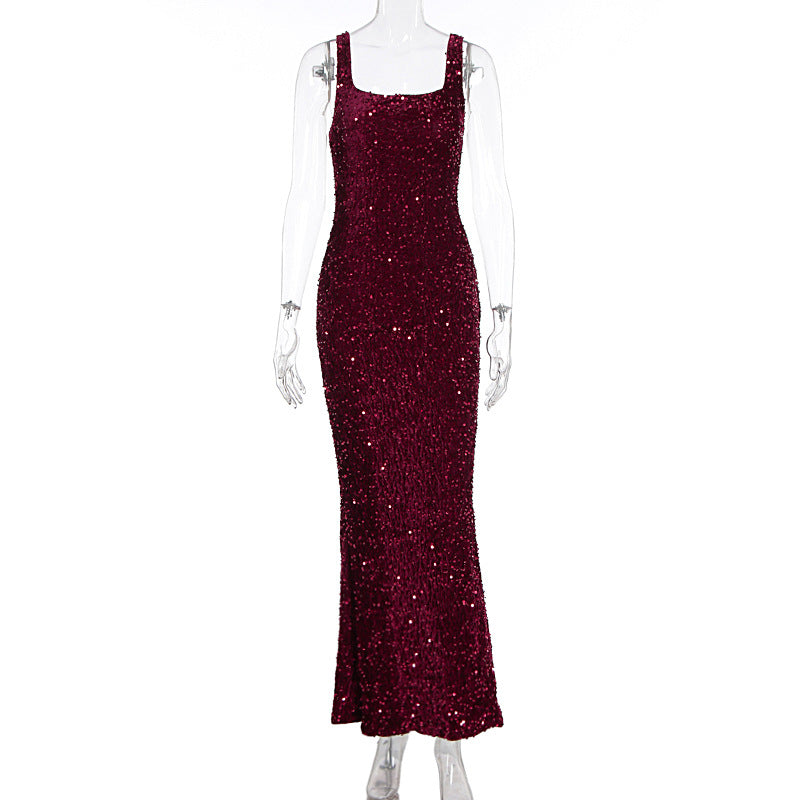 Women's Sequined Slim Fit Long Slip Dress Elegant Party Gown Sleeveless Evening Dress