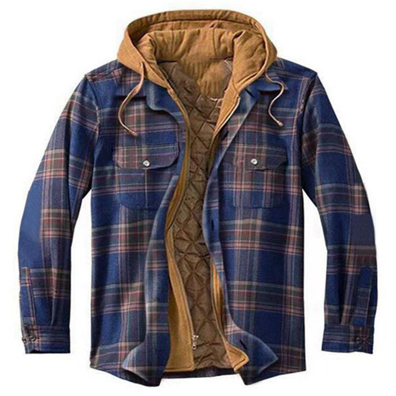 Mens Plaid Hooded Quilted Jacket