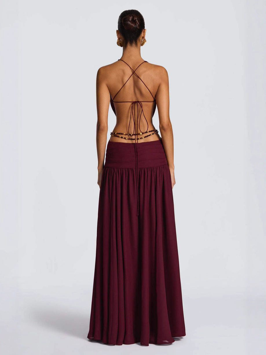 Halterneck Deep V Back Lace Up High Slit Dress