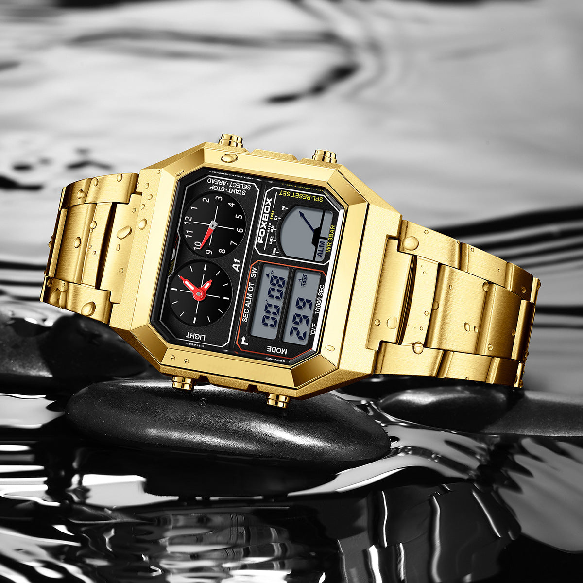 Foxbox Square Men Multifunction Digital Analog Stainless Steel Waterproof Watch