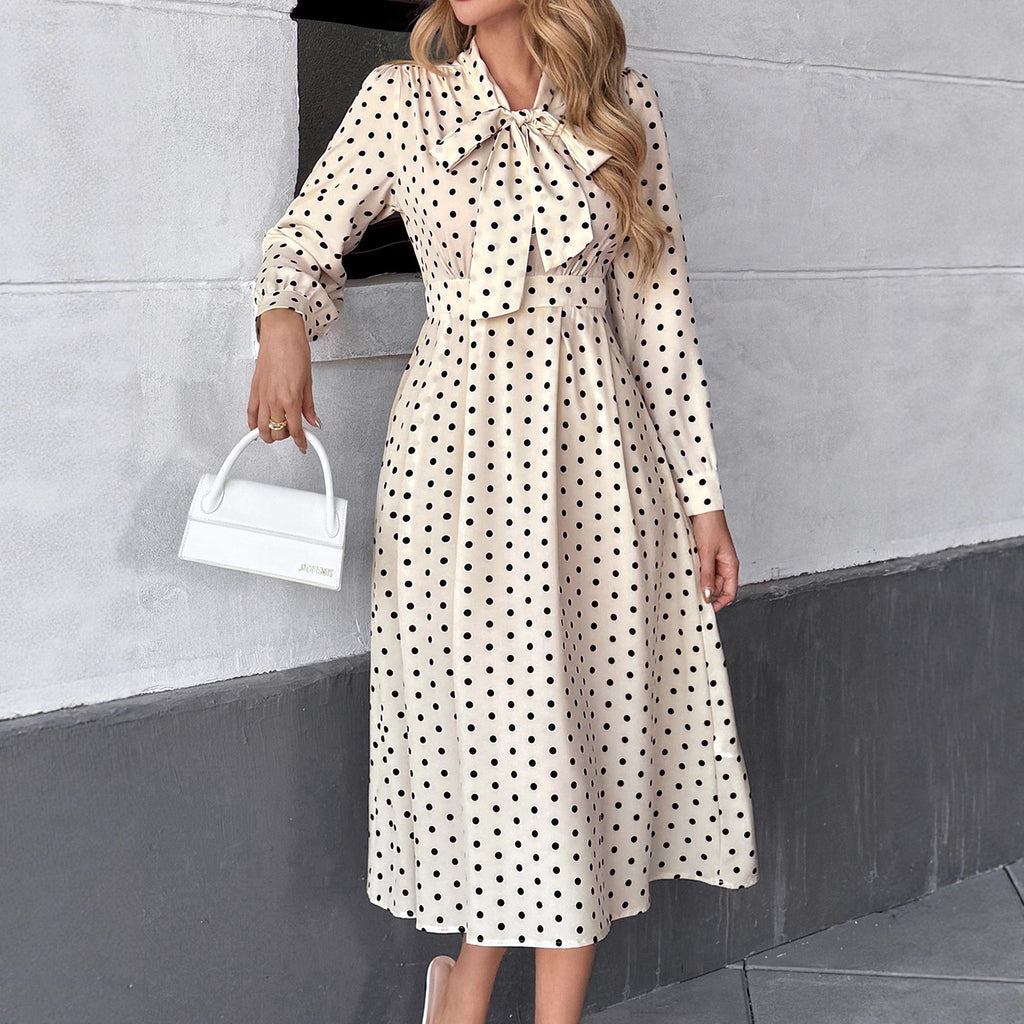 Retro Bow Collar Polka Dot Mid-Length Dress
