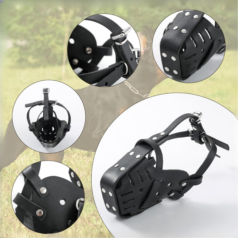 Dog muzzle, mouth guard to prevent biting, barking, and indiscriminate eating.