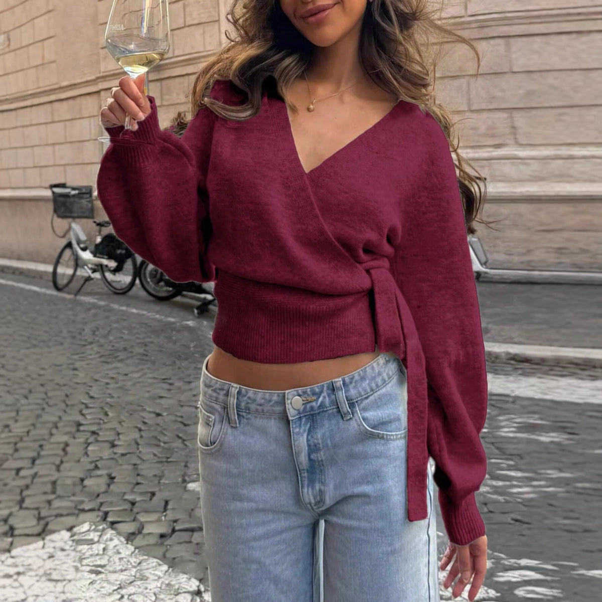 V-neck bottoming sweater autumn and winter irregular strap short top
