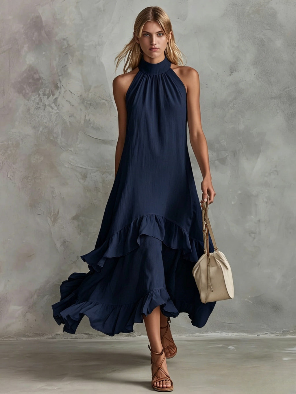 Women's Sleeveless Halter Ruffle Hem Mid-Length Summer Dress