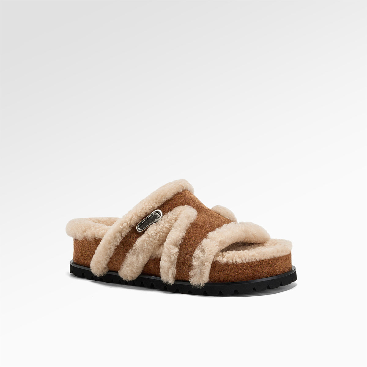 Genuine Leather Fleece-Lined Open-Toe Slippers