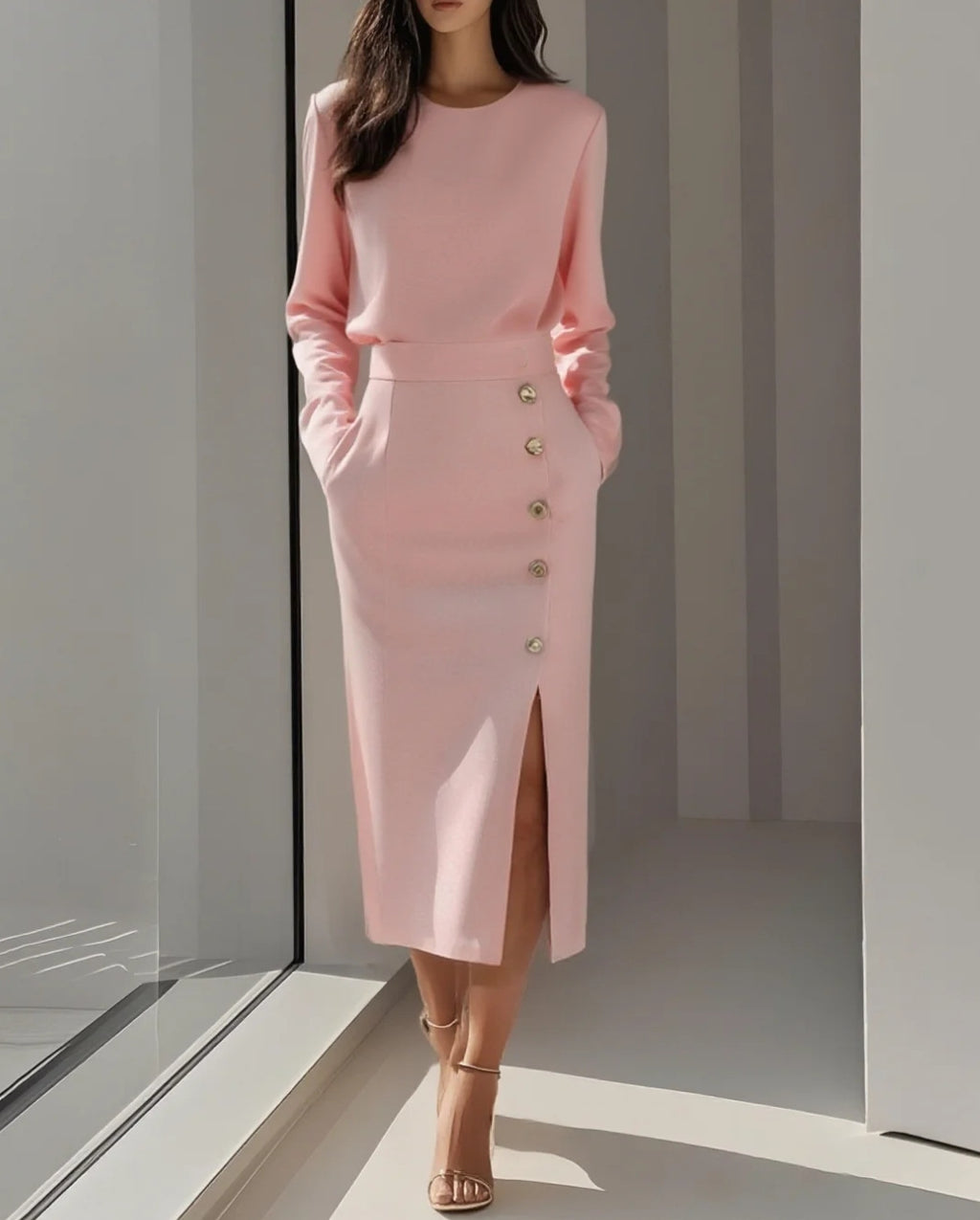 Women's Solid Long Sleeve Round Neck Waist-Cinched Button Slit Dress