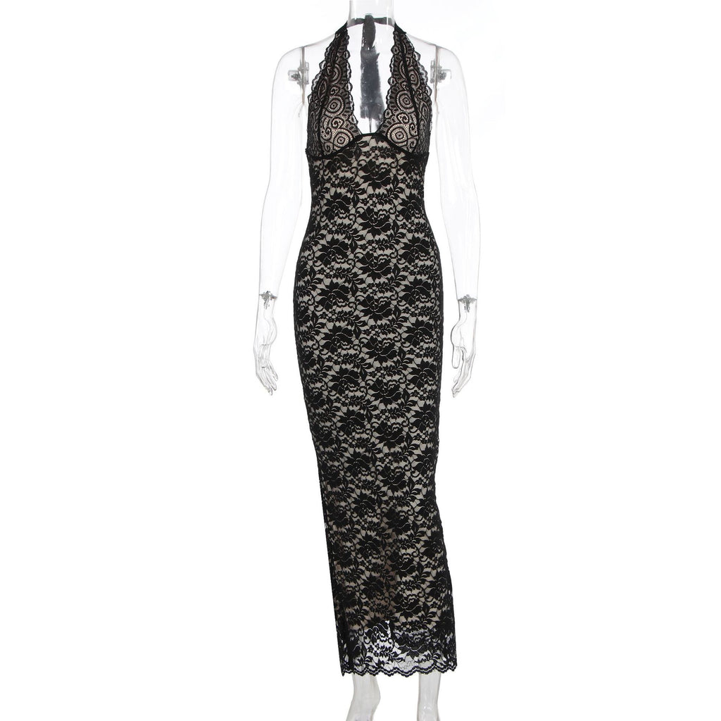 Women's Lace Halter Neck Bodycon Long Dress Sleeveless Backless V-Neck