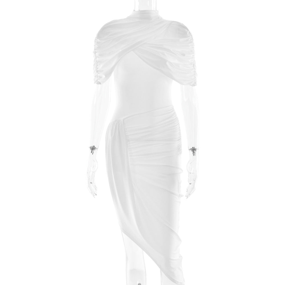 Pleated Backless Dress with Shawl