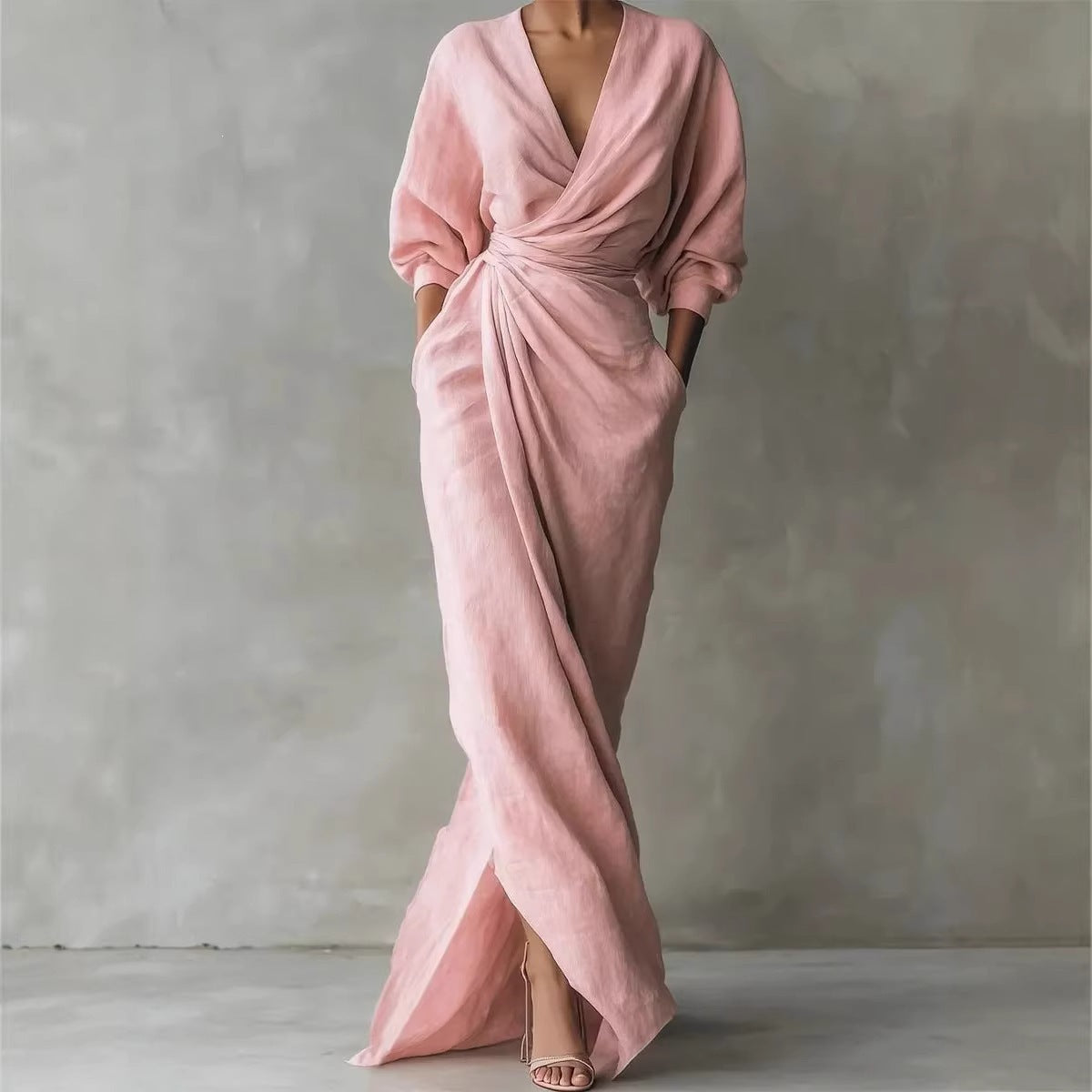 Solid-color V-neck long-sleeve slit waist-cinching dress with pockets