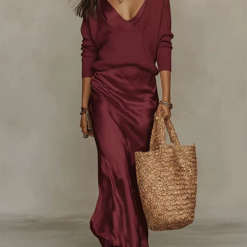 Womens Knit Top and Satin Dress Two-Piece Set