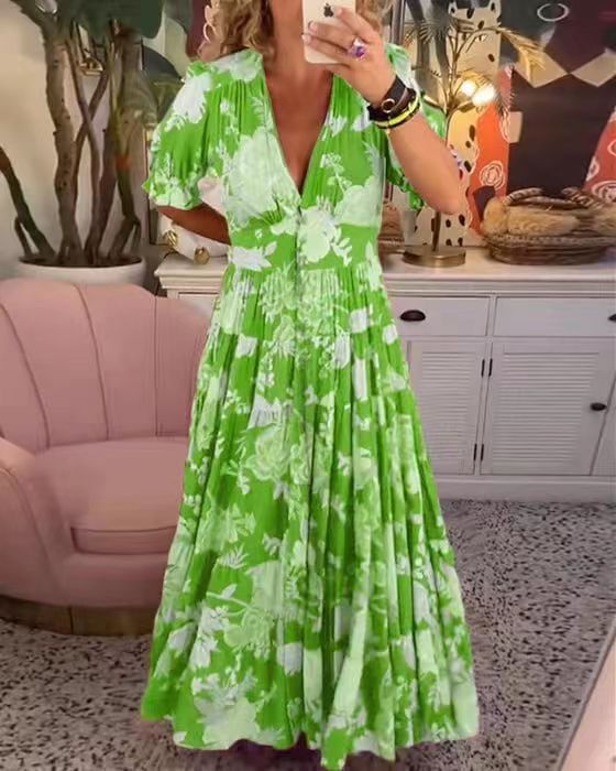 Floral V-Neck Elastic Waist Dress