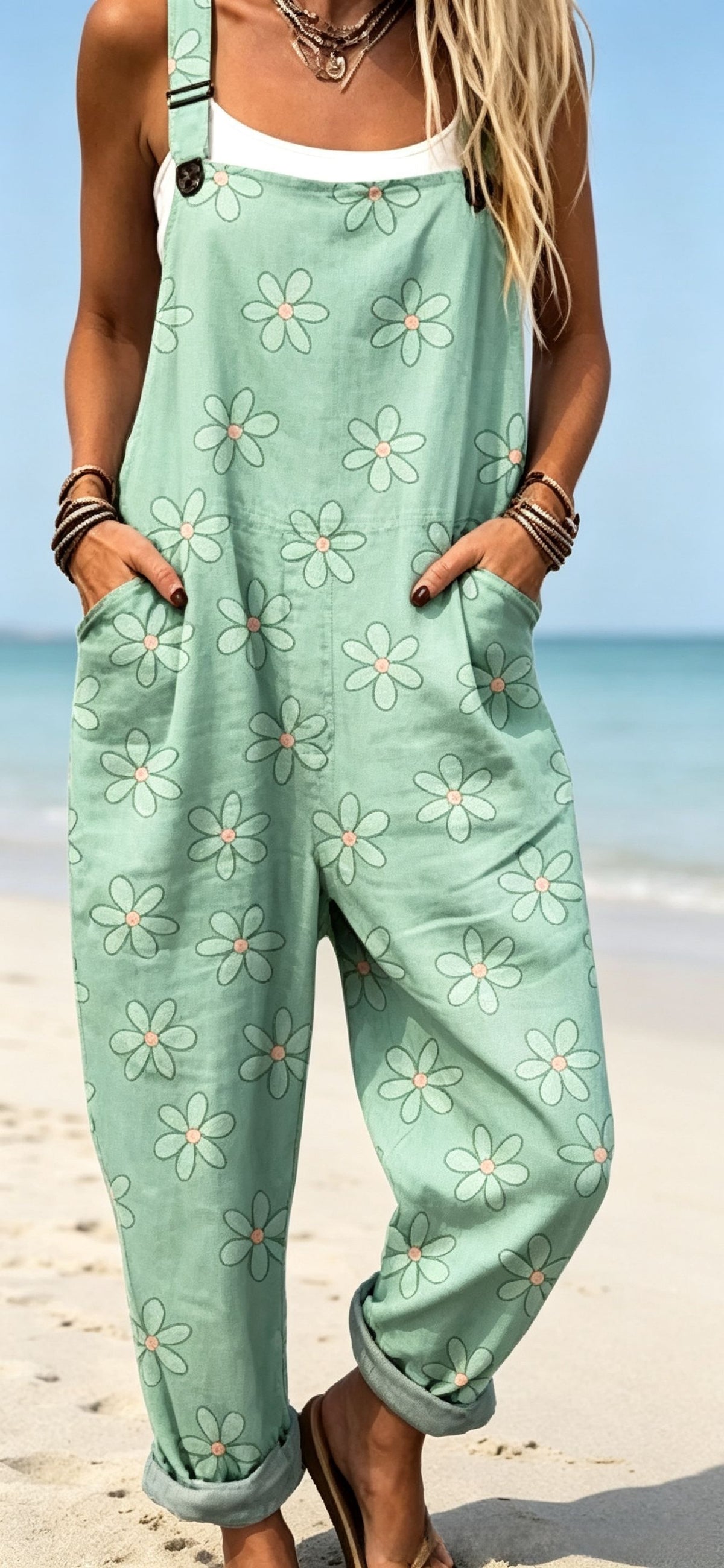 Women's sleeveless printed long-style drawstring pants