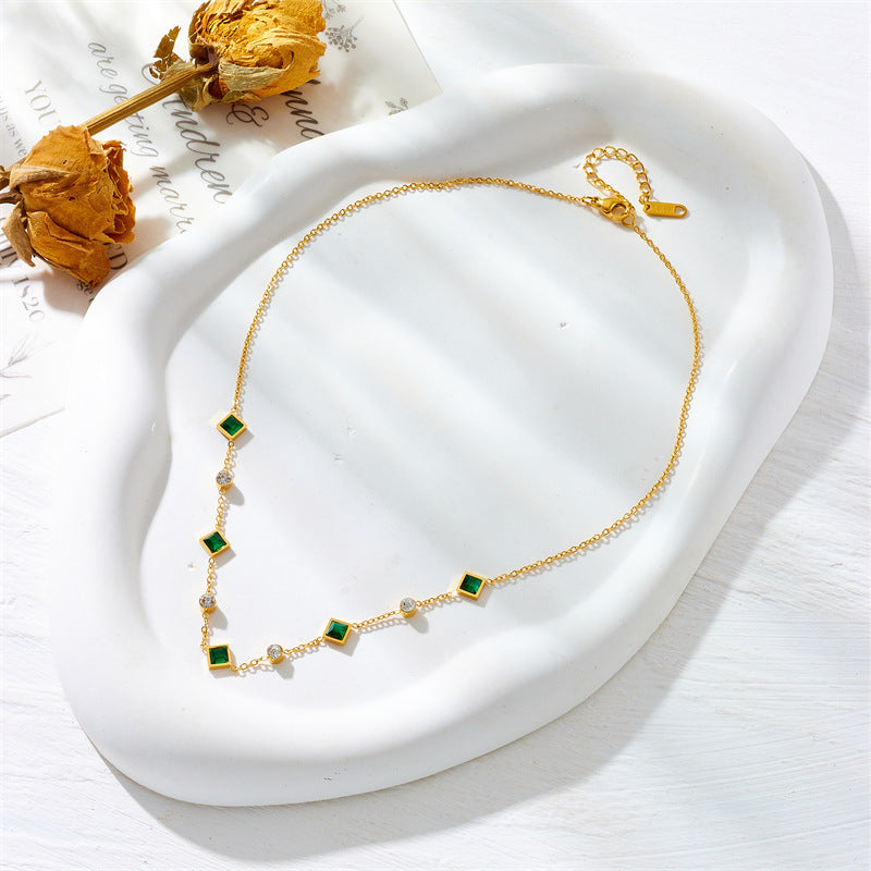 Gold-Plated Titanium Steel Square Emerald Inlaid Rhinestone Necklace