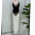 Women's Black and White Two-Piece Beaded Sheer Mesh Party Dress