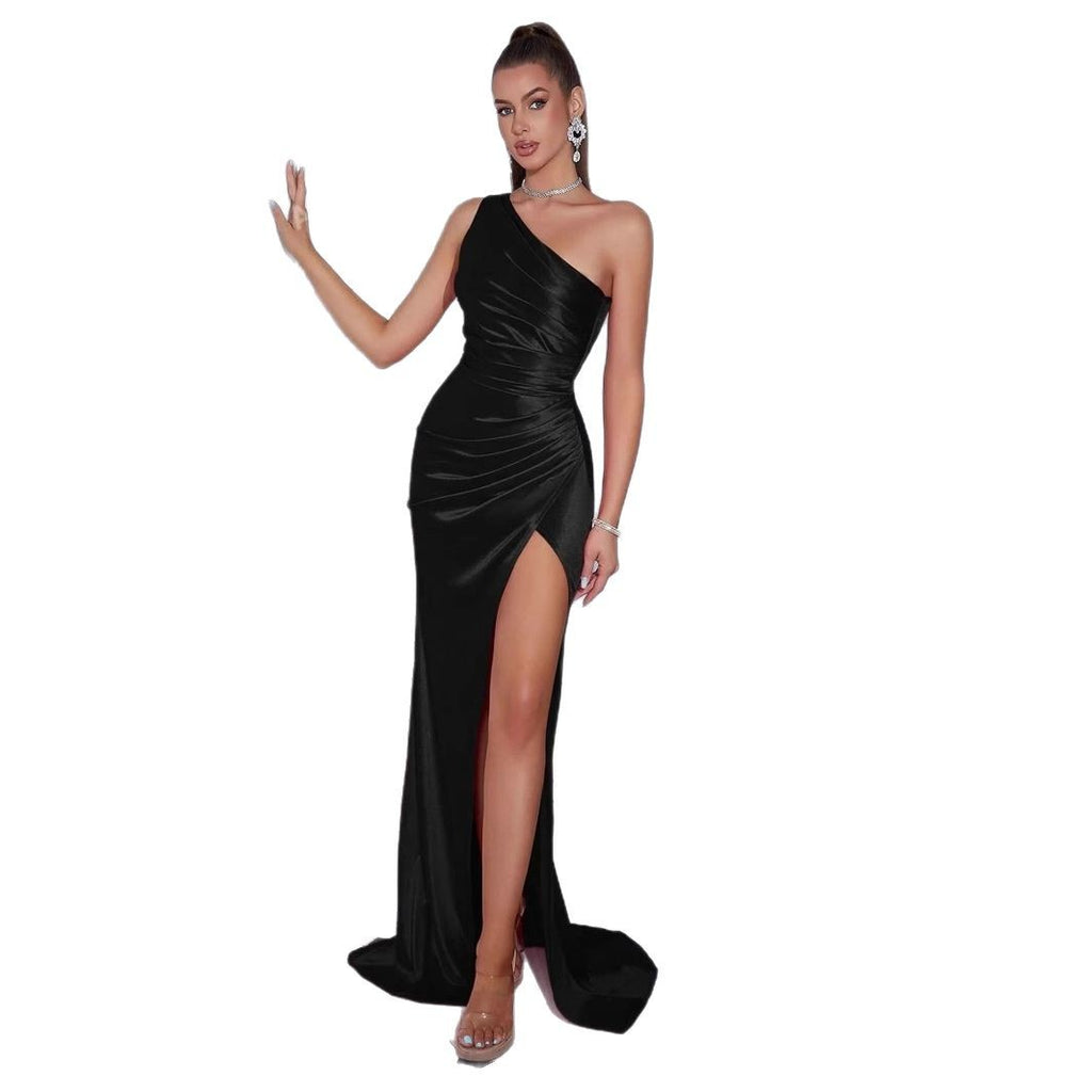 One-shoulder pleated slit elegant long dress