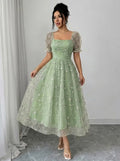 Womens Square Neck Puff Sleeve Embroidered Mesh Midi Dress