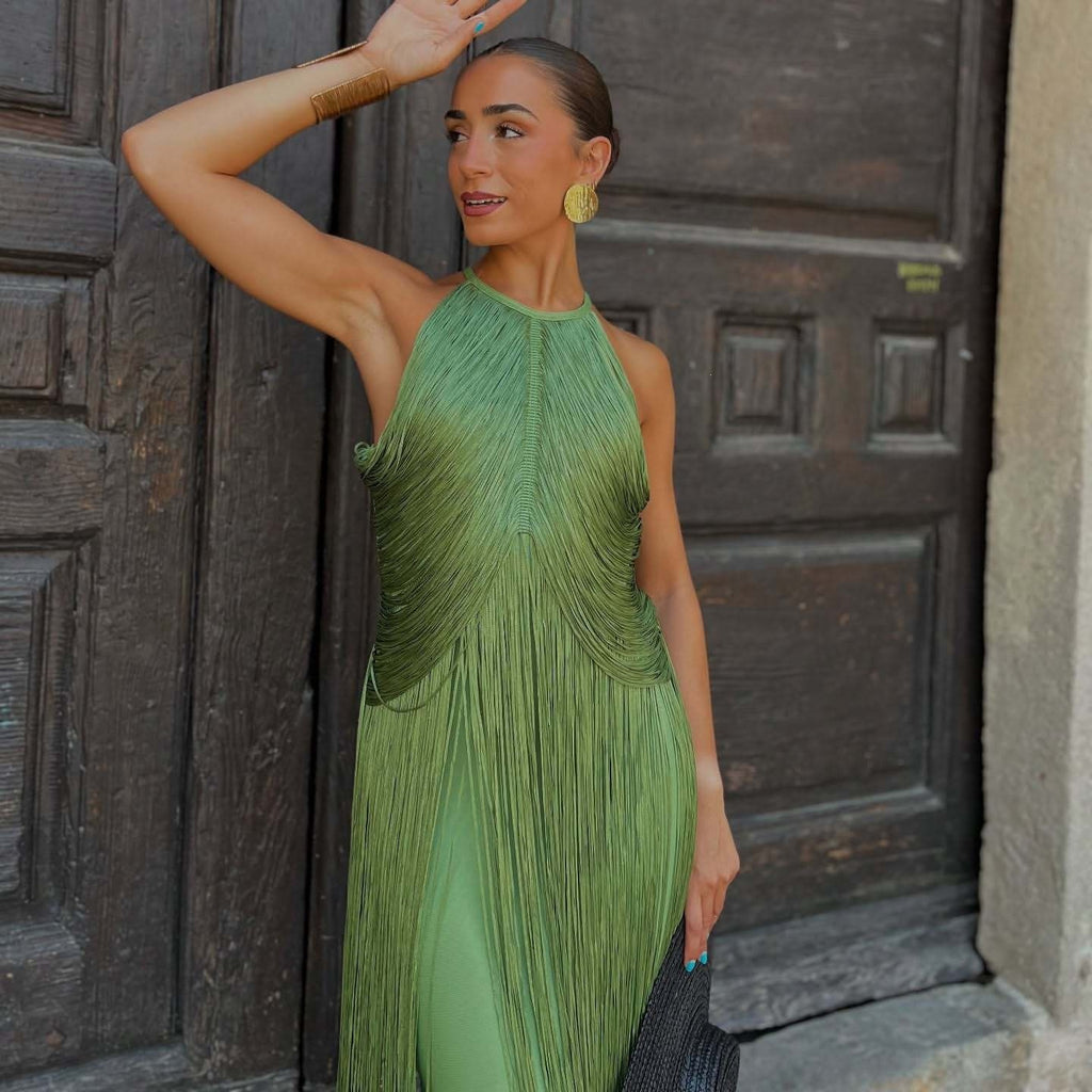 Elegant Halter Neck Tassel Long Dress