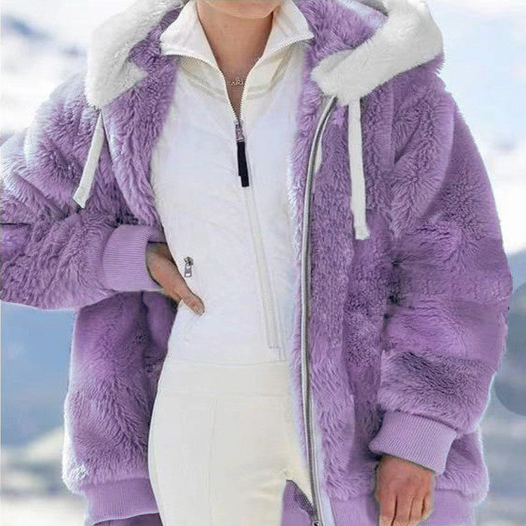 Womens Loose Fit Plush Zipper Hooded Jacket