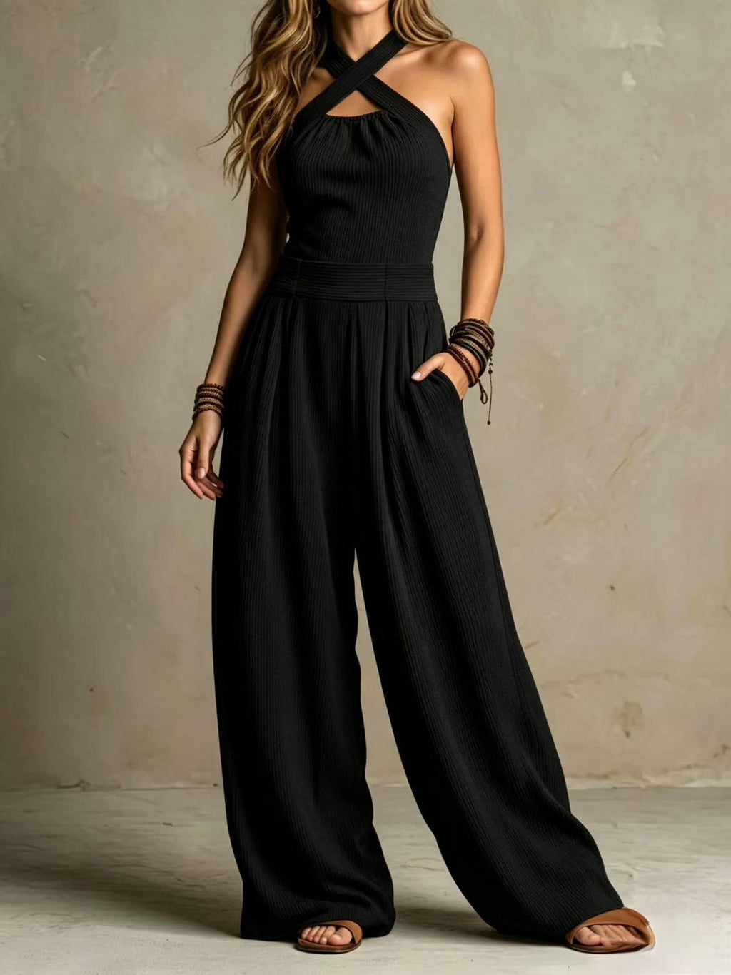 Crossed-necked openwork one-piece pants