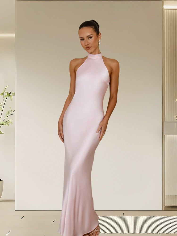 Women Satin Halter Neck Tie Slim Fit Long Dress